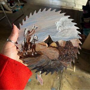 Hand Painted Native American Landscape Artist Signed Saw Blade Wall Hanging